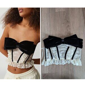 NEW UO Out From Under | Bow Down To Me Velvet and Lace Corset White/Black
